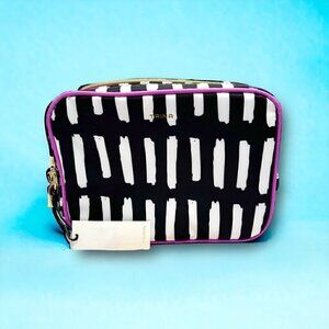 NWT Trina Large Cosmetic Makeup Bag Case Black White Print Pink Trim Double Zip